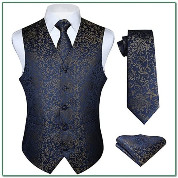Men's Paisley Floral Jacquard Suit Vest, Navy Blue / Brown